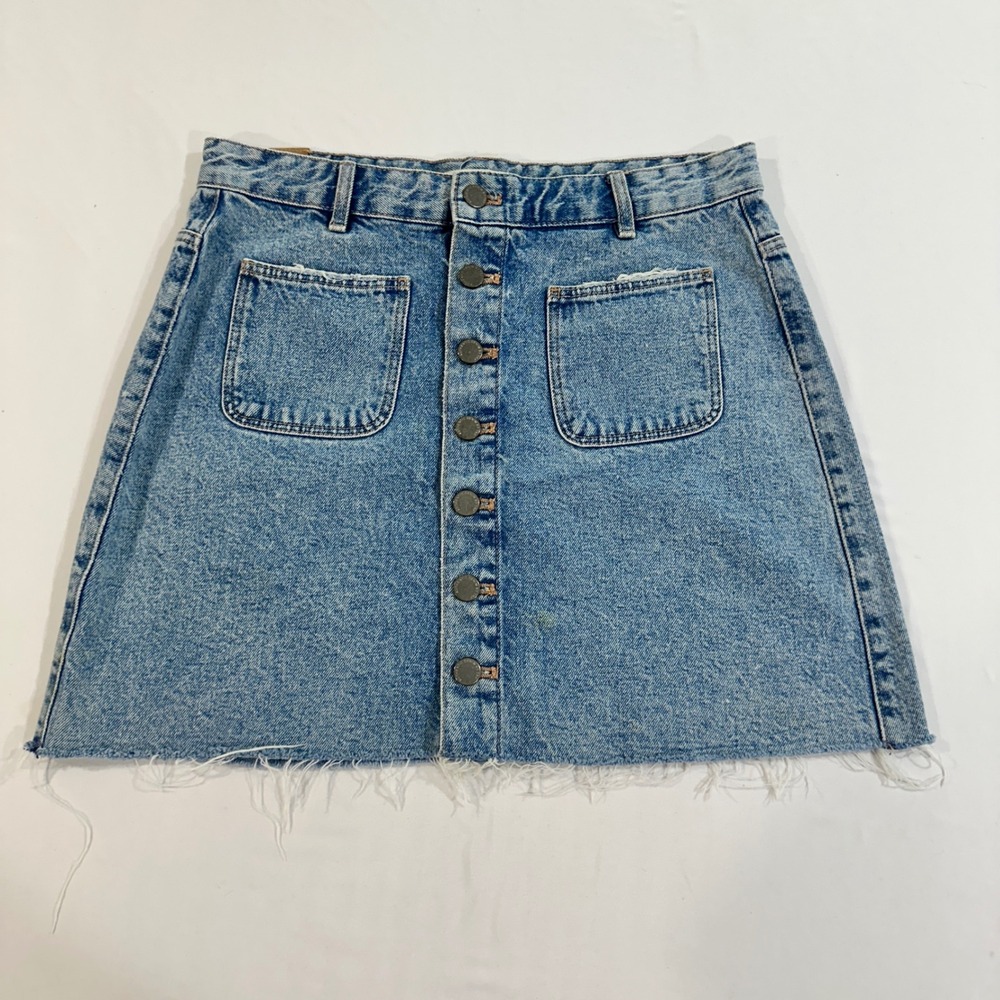 Zara Trafaluc Denim Skirt Women Large Blue Button Front A-Line Mini Raw Hem L